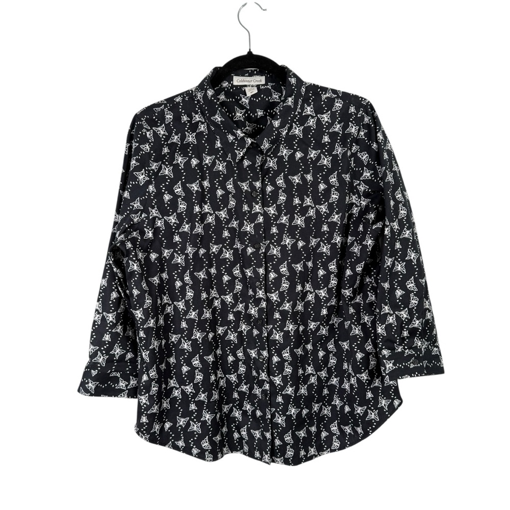 Coldwater Creek Black Butterfly Print Button Front Shirt Fairy Womens 16P